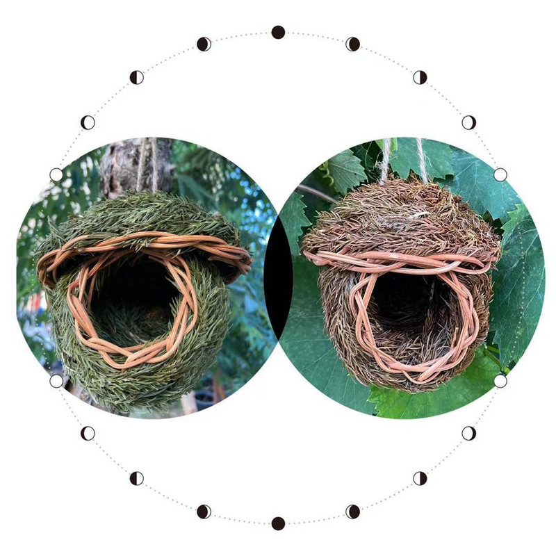 Käsitsi kootud linnumaja naturaalse rohuga linnupesa varjualune onn Väikeste lindude varjupaik õues Varblaste rippuvad papagoi pesamajad