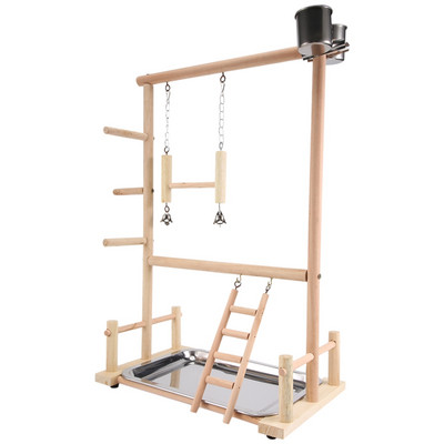 Παιδική χαρά Parrots, Φυσικό ξύλινο Parrot Perch Gym Play Stand Parakeet Ladders with Feeder Cups and Toys Παιχνίδι άσκησης