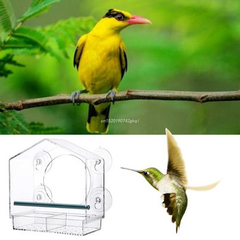 Прозрачна акрилна хранилка за птици със здрави вендузи за прозорци Подвижна тава за семена Голяма външна хранилка за птици за диви птици