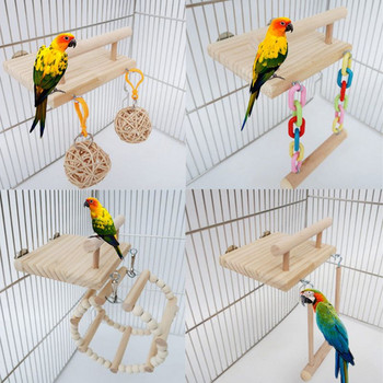 Wooden Bird Perches Cage Toys Hamster Play Gym Stand with Wood Swing Rattan Ball Chewing Toys for Lovebird