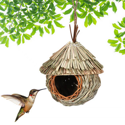 Casă de colibri în aer liber, cuib de păsări, buzunare pentru adăpostire, pasăre de frânghie de iarbă naturală țesute manual, pentru canari, cinteze, audubon