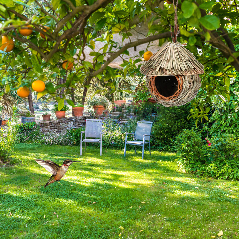 Casă de colibri în aer liber, cuib de păsări, buzunare pentru adăpostire, pasăre de frânghie de iarbă naturală țesute manual, pentru canari, cinteze, audubon