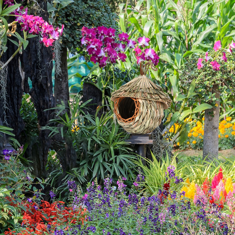 Casă de colibri în aer liber, cuib de păsări, buzunare pentru adăpostire, pasăre de frânghie de iarbă naturală țesute manual, pentru canari, cinteze, audubon