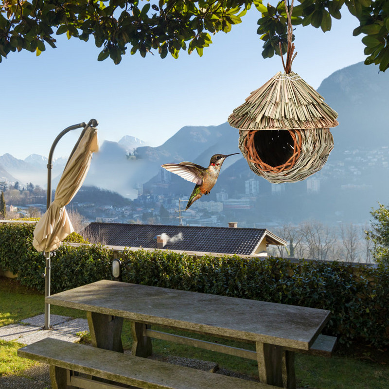 Casă de colibri în aer liber, cuib de păsări, buzunare pentru adăpostire, pasăre de frânghie de iarbă naturală țesute manual, pentru canari, cinteze, audubon
