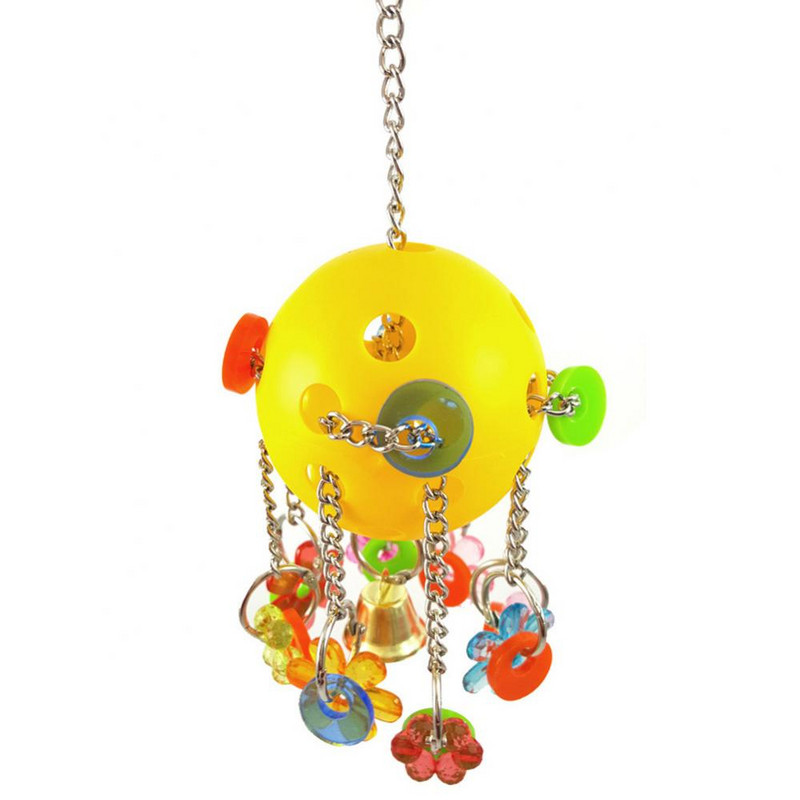 Animale de companie de modă Papagal din plastic Minge goală în formă de floare Inel de clopot agățat Jucărie de mestecat Curea sferică galbenă Pandantiv ornament