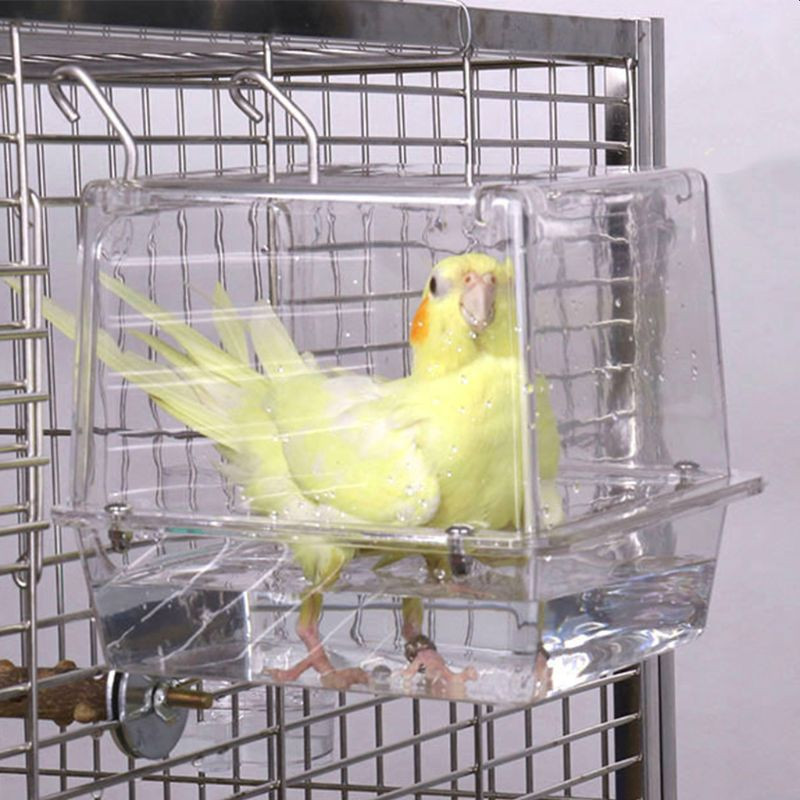 Dvigubas kablys pakabinamas patobulintas paukščių vonios narvas, reguliuojamas didelis, skaidrus vaizdas permatomas naminių gyvūnėlių papūgos vonios namas