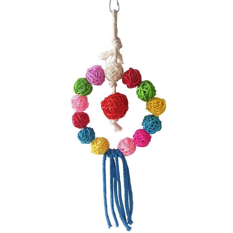 Jucărie multicoloră de mestecat păsări Jucărie interactivă din ratan, leagăn pentru papagal, agățat acasă, pentru antrenament pentru păsări, jucărie cu inel pentru papagal.