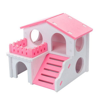 Хамстер Дървена къща Местообитание за гнездене Малки животни Цветна колиба за игра Вила Играчки за дъвчене за сън на хамстер джудже 2 цвята