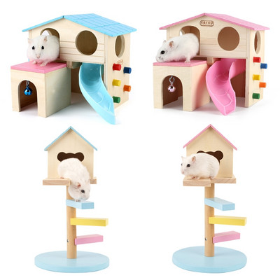 Hamster House Gym Exercise Funny Ladder Slide Bell Climbing Wooden Hut Toy Pet Small Animal Play Hideout Nest