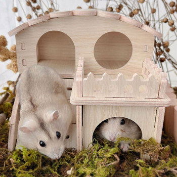 K5DC Домашни любимци Скривалище за дребни животни Къща за хамстер Луксозна двуслойна дървена колиба Катерене Игра Дъвчене Играчки за Мишка джудже Гербил