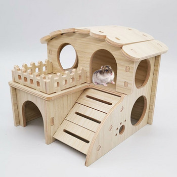 K5DC Домашни любимци Скривалище за дребни животни Къща за хамстер Луксозна двуслойна дървена колиба Катерене Игра Дъвчене Играчки за Мишка джудже Гербил