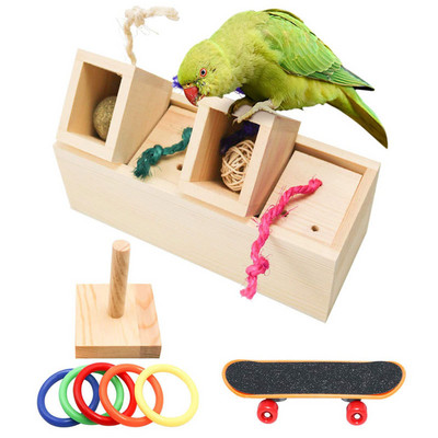 3 бр./компл. Играчки за обучение на папагали Дървена кутия за хранене на папагал Обучение за хранене Скейтборд Стойка за папагал Канарче Интерактивни играчки