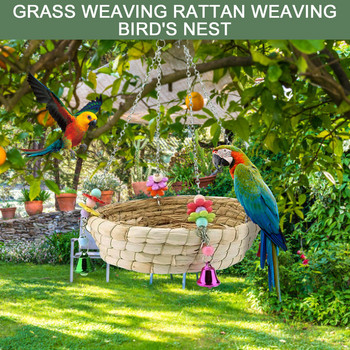 Παιχνίδια πουλιών και παπαγάλων Parrot Φυσικό χειροποίητο ψάθινο κρεβάτι με 4 μεταλλικό κουδούνι τροφοδοσίας κλουβί για πτηνά Tuin Decoratie