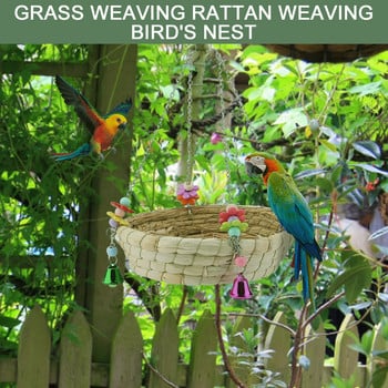 Παιχνίδια πουλιών και παπαγάλων Parrot Φυσικό χειροποίητο ψάθινο κρεβάτι με 4 μεταλλικό κουδούνι τροφοδοσίας κλουβί για πτηνά Tuin Decoratie