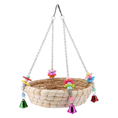 Jucării pentru păsări și papagali Leagăn pentru pat cu paie țesute manual, cu 4 clopoțe metalice, cușcă de hrănire pentru grădinărit pentru păsări.