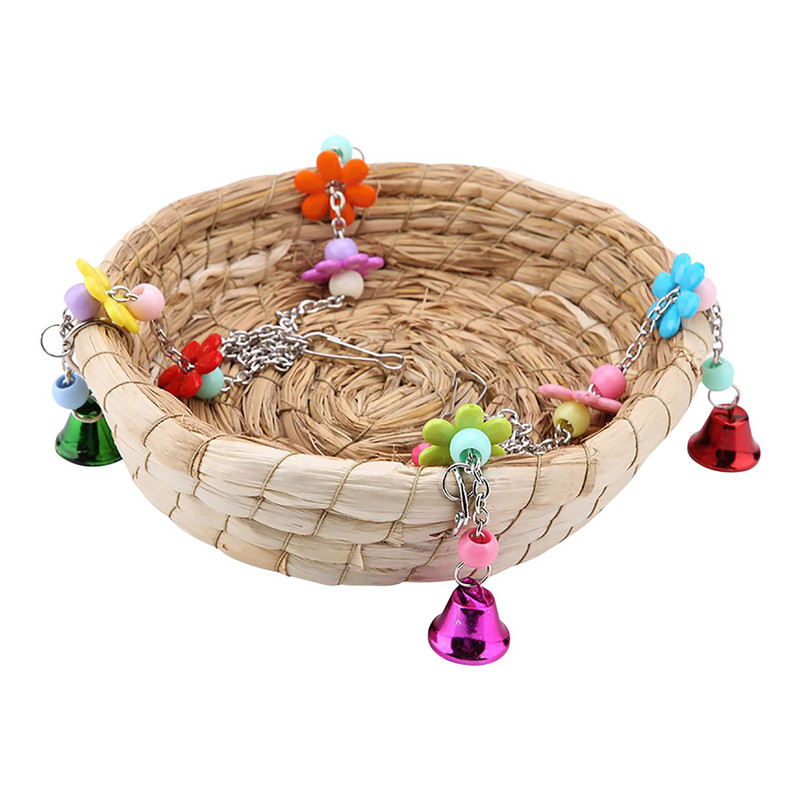 Jucării pentru păsări și papagali Leagăn pentru pat cu paie țesute manual, cu 4 clopoțe metalice, cușcă de hrănire pentru grădinărit pentru păsări.