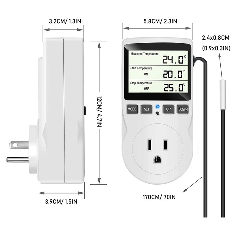 Controler digital de temperatură, Ecran LCD Încălzire Răcire Termostat pentru reptile cu sondă senzor, ℉/℃ 1800 W 120 V priză SUA
