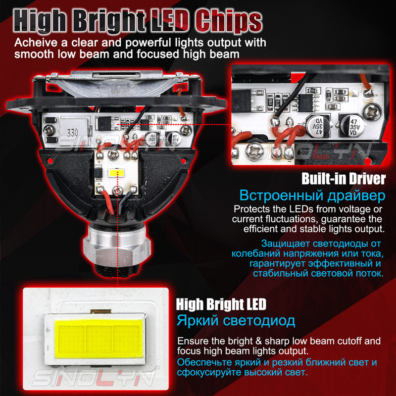 Sinolyn Angel Eyes Bi Led Lens Halo Lights Proiectoare pentru H4 H7 H1 9005 9006 Faruri de mașină Faza mare înaltă 2.5 inch LED Kits 40W