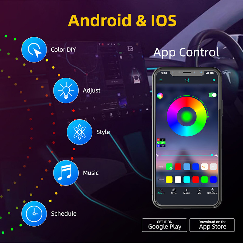 Viduskonsoles paneļa neona gaismas caurules Tesla Model 3 Model Y 2021 2022 RGB iekšpuses LED sloksnes gaismas ar lietotņu kontrolieri