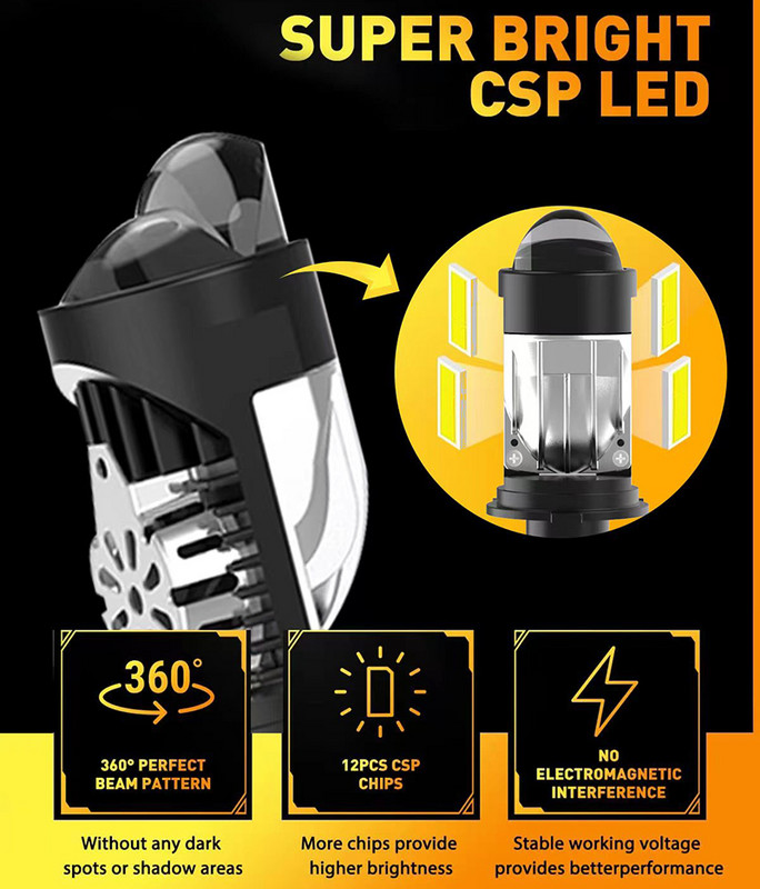 Uus LED H4 auto esitulede miniprojektor kahe objektiiviga Integreeritud bifokaalobjektiiviga auto Stiilne esituled Pirnid Fookustatud valgus P9