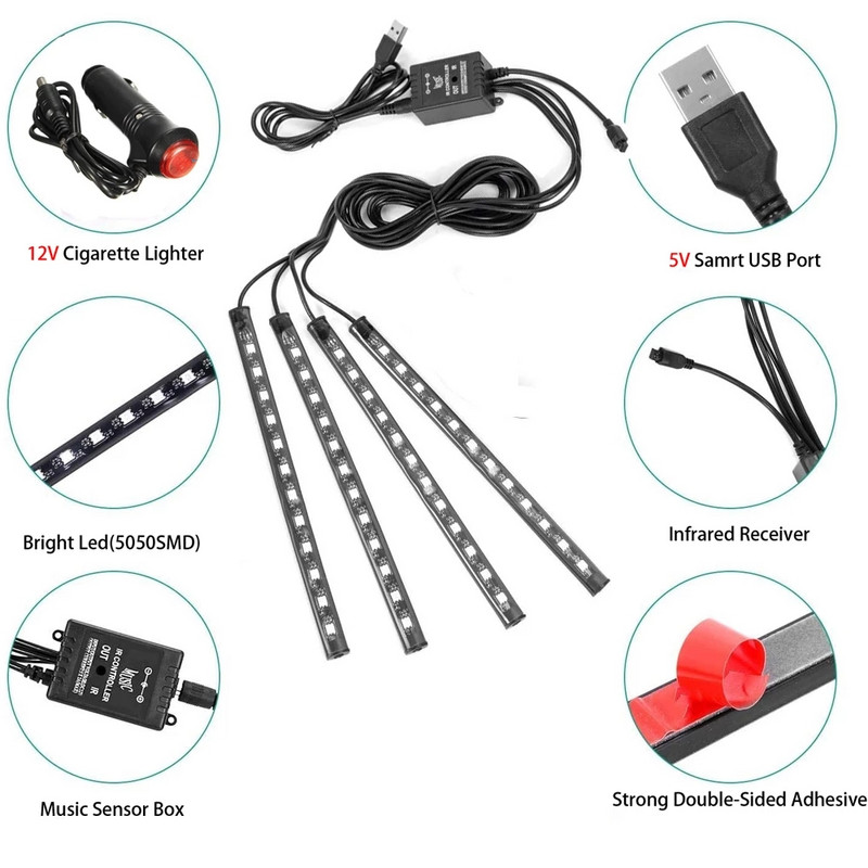 Atmosfera mașinii Lumină interioară Telecomandă muzicală Bandă LED Lampă pentru picioare Auto Neon Rgb Lumini pentru decorarea interioară Accesorii auto