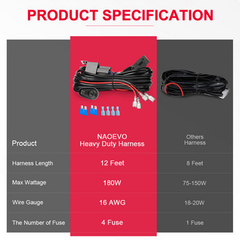 Комплект кабелни снопове NAOEVO за 2 лампи 1 светлинен предпазител Превключвател за включване и изключване 12v 40a реле 180 вата / 300w за 4-52 инча LED лента за работно осветление