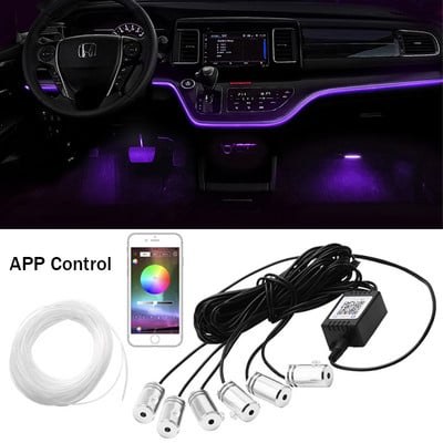 6 în 1 RGB LED atmosferă Kit de lumină ambientală pentru interiorul mașinii Benzi de fibră optică Lumină prin control aplicație Muzică DIY Bandă de fibră optică de 6M