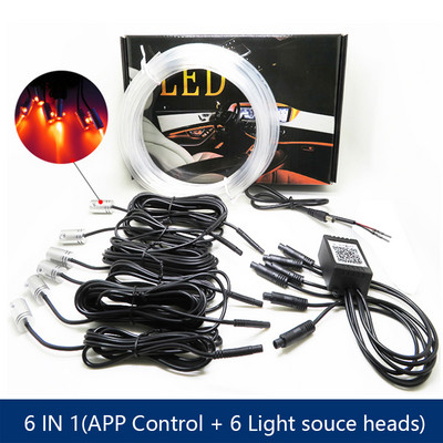 6 în 1 RGB LED atmosferă Kit de lumină ambientală pentru interiorul mașinii Benzi de fibră optică Lumină prin control aplicație Muzică DIY Bandă de fibră optică de 6M