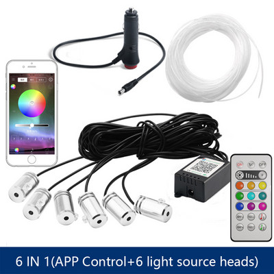 6 în 1 RGB LED atmosferă Kit de lumină ambientală pentru interiorul mașinii Benzi de fibră optică Lumină prin control aplicație Muzică DIY Bandă de fibră optică de 6M
