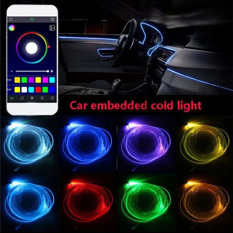6 în 1 RGB LED atmosferă Kit de lumină ambientală pentru interiorul mașinii Benzi de fibră optică Lumină prin control aplicație Muzică DIY Bandă de fibră optică de 6M