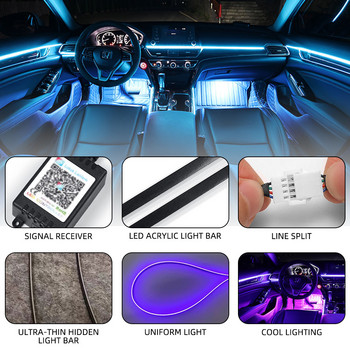 6 σε 1 LED Φωτισμός Περιβάλλοντος αυτοκινήτου RBG 64 Χρώμα Ακρυλική λωρίδα εσωτερικού χώρου Οδηγός οπίσθιου φωτισμού Διακόσμηση Οδηγός λάμπας ατμόσφαιρας Οπτικές ίνες