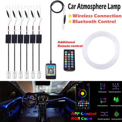 RGB automašīnas salona apkārtējā gaisma neona optiskās šķiedras sloksnes tālvadības lietojumprogramma Bluetooth vadība Bezvadu atmosfēras gaismas bez vītnēm