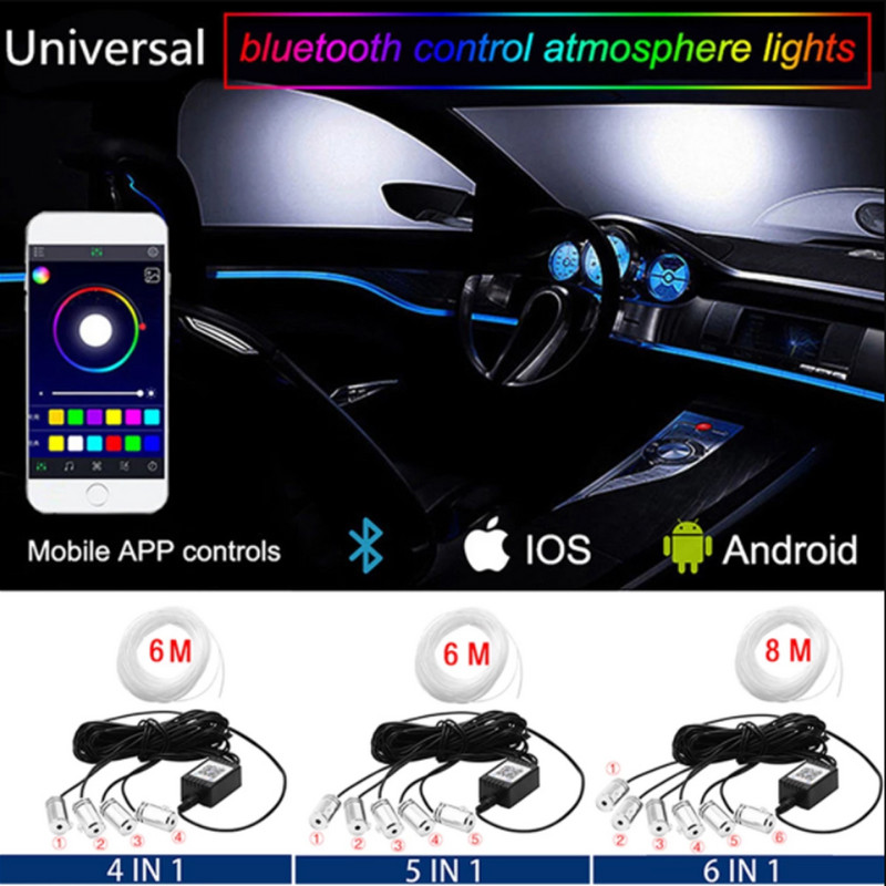 8M interior auto neon RGB LED bandă 4/5/6 în 1 aplicație Bluetooth telecomandă lumini decorative atmosferă lampă tablou de bord 12V
