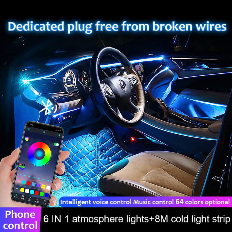 8M interior auto neon RGB LED bandă 4/5/6 în 1 aplicație Bluetooth telecomandă lumini decorative atmosferă lampă tablou de bord 12V