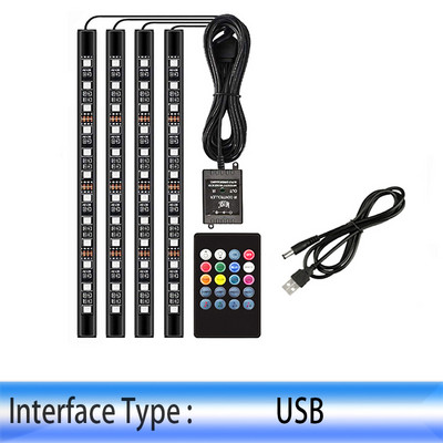 Lampă cu bandă LED pentru mașină Bec de decorare a podelei pentru picior RGB Lumină interioară pentru atmosferă Auto USB Telecomanda fără fir Control muzical Mod multiplu