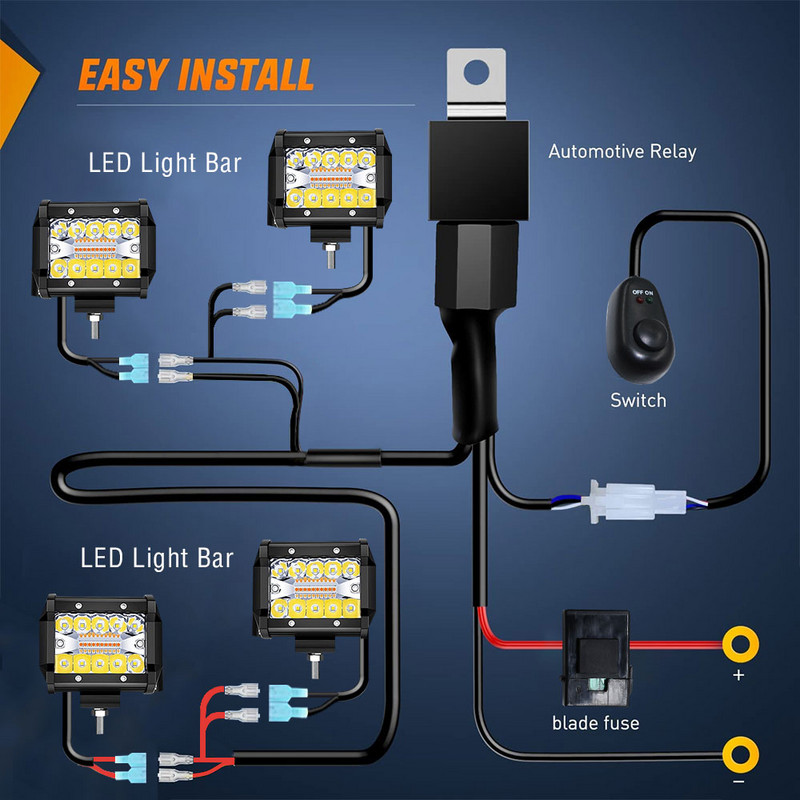 Comutator de lumină de lucru pentru mașină, bară de lumină, motocicletă, 4 lămpi Chigh, cablaj de putere pentru mașină, barcă, camion, cablu 180W 300W cablu releu