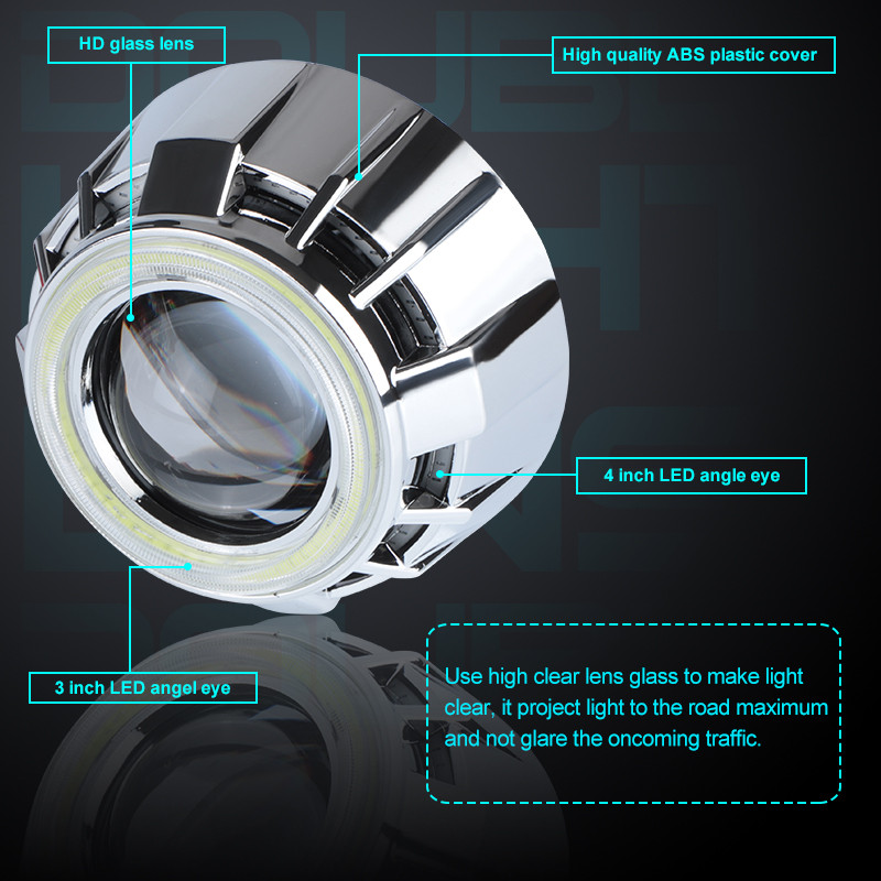 3,0 colio „Led Angel“ akys Projektoriaus lęšiai Dvi LED objektyvas Baltas Raudonas Mėlynas Halo Bėgimo žibintai Pritaikykite H4 H7 automobilio priekinių žibintų mazgą