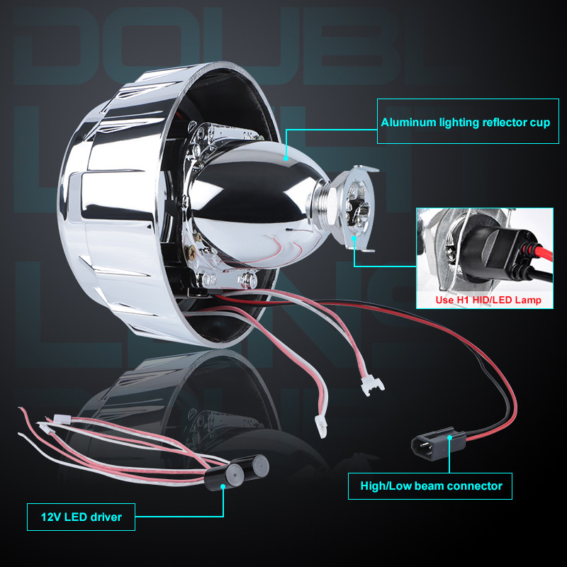 3,0 colio „Led Angel“ akys Projektoriaus lęšiai Dvi LED objektyvas Baltas Raudonas Mėlynas Halo Bėgimo žibintai Pritaikykite H4 H7 automobilio priekinių žibintų mazgą