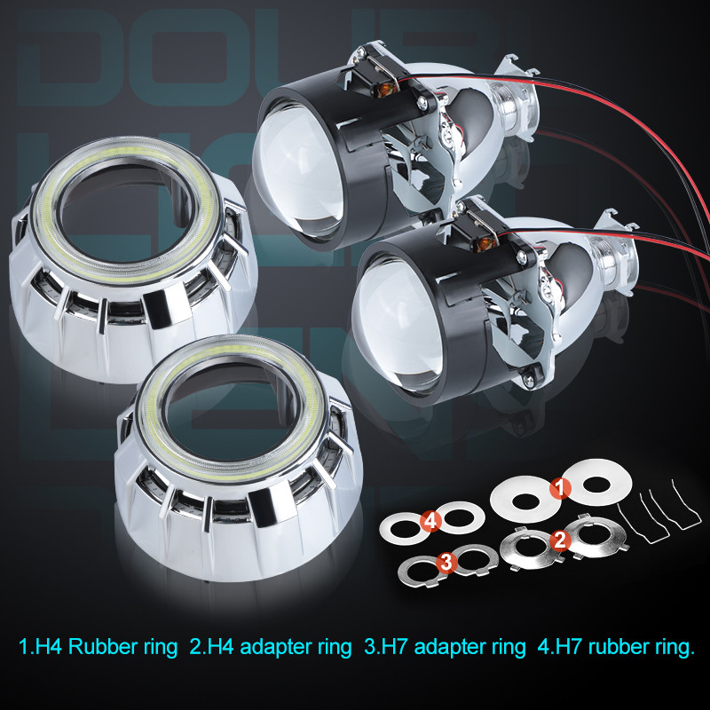 3,0 colio „Led Angel“ akys Projektoriaus lęšiai Dvi LED objektyvas Baltas Raudonas Mėlynas Halo Bėgimo žibintai Pritaikykite H4 H7 automobilio priekinių žibintų mazgą
