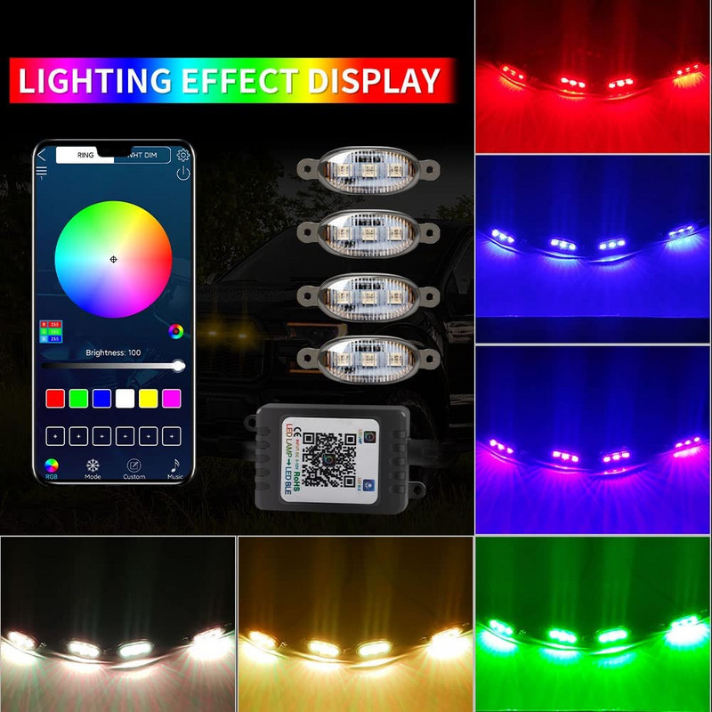 4/8 u 1 LED rasvjetna rešetka APP Control DIY RGB Prednja rešetka Atmosphere Dekorativna svjetiljka DRL komplet za terensko vozilo Kamion SUV