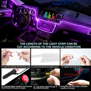 6 IN 1 8M RGB LED Atmosphere Автомобилна интериорна светлина Околна светлина Оптични ленти Светлина чрез управление на приложението Неонова автоматична декоративна лампа