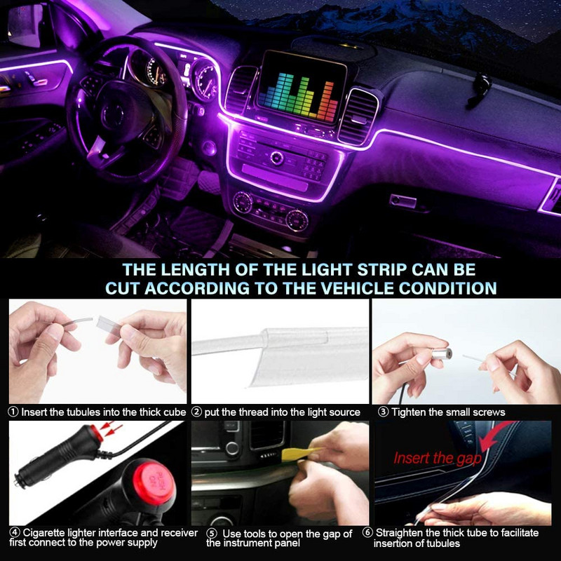 6 IN 1 8M RGB LED atmosfääri auto salong ümbritseva valguse fiiberoptilised ribad valgustus rakenduse juhtimisega Neoon auto dekoratiivne lamp
