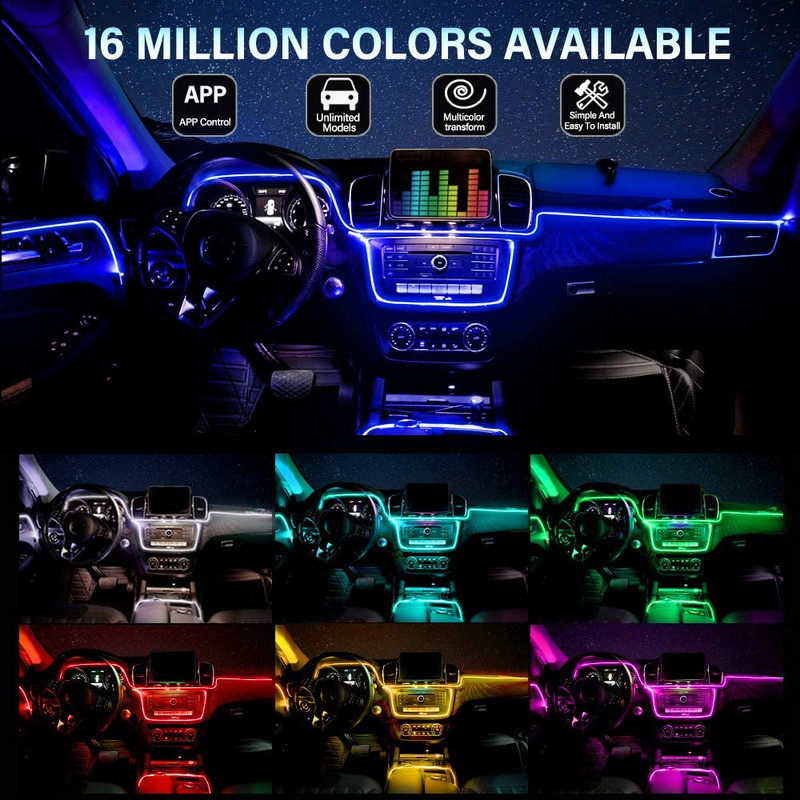 6 IN 1 8M RGB LED atmosfääri auto salong ümbritseva valguse fiiberoptilised ribad valgustus rakenduse juhtimisega Neoon auto dekoratiivne lamp