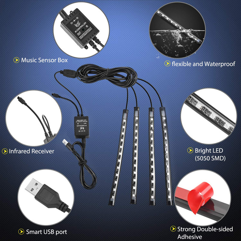 48/72 LED Φωτιστικά ποδιού αυτοκινήτου με περιβάλλοντα φωτισμό νέον Φωτισμός διάθεσης με οπίσθιο φωτισμό με έλεγχο μουσικής εφαρμογής RGB Αυτόματο διακοσμητικό φωτιστικό εσωτερικής ατμόσφαιρας