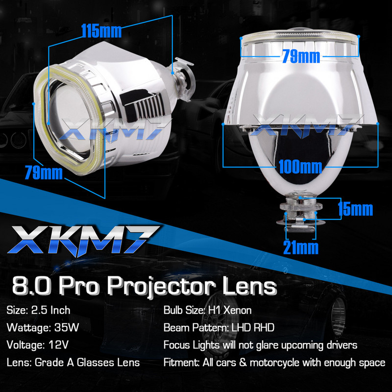 XKM7 Angel Eyes auto objektiiv esitules 2,5-tolline Bi-xenon H4 H7 projektor H1 HID LED-valgusti, ruudukujuline COB Halos Lisatarvikud