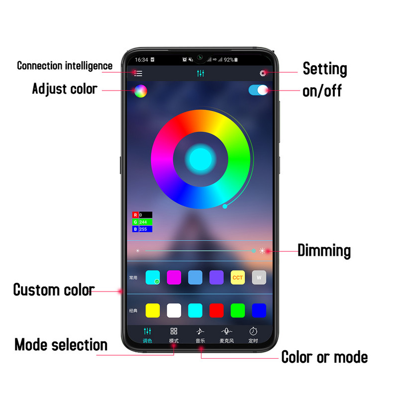 LED unutrašnje svjetlo automobila RGB pozadinsko osvjetljenje s USB bežičnom daljinskom aplikacijom Kontrola glazbe Više načina rada Dekorativna atmosferska svjetiljka