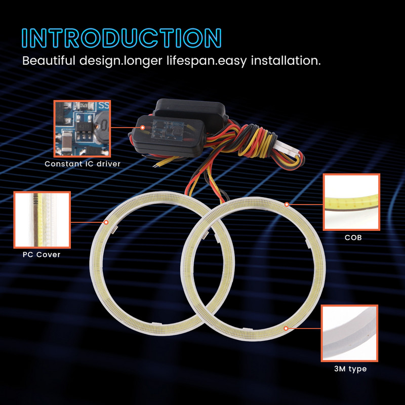 2 buc inele cu halo LED cu ochi de înger auto pentru faruri COB 9-30V alb și galben 60mm 70mm 80mm 90mm 100mm cu capac din plastic