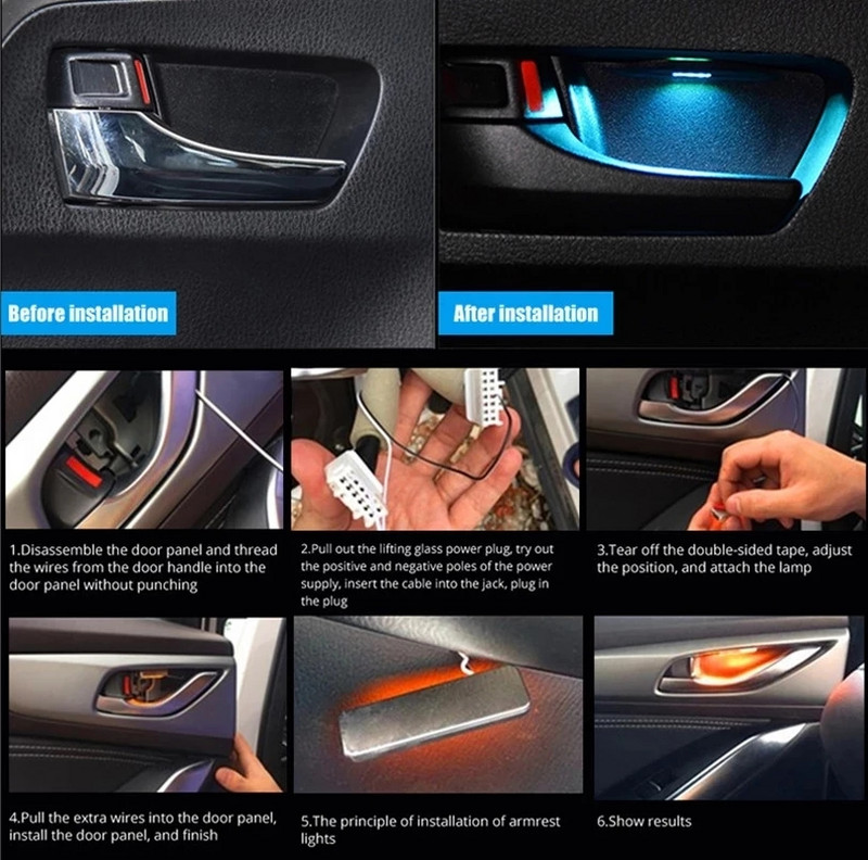 4db belső ajtókilincs LED lámpák univerzális környezeti lámpa Auto kapaszkodó lámpa autós kiegészítők kartámasz világítás