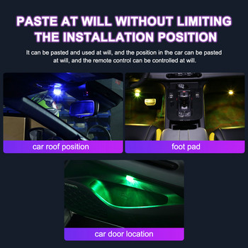 Безжично залепващо LED интериорно осветление на автомобила Дистанционно управление Декорация Цветен автоматичен покрив Лампа за атмосфера на крака с батерия