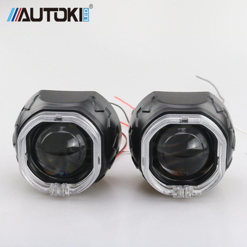 Autoki Square LED Angel Eyes Bi xenon Lentila proiector far pentru retrofit auto DIY cu lumini de zi 2.5'' H4 H7